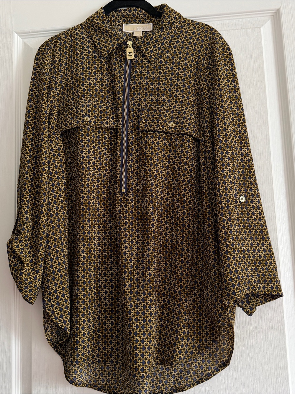 Michael Kors Navy and Mustard Geometric Zip-Front Tunic